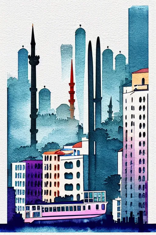 Image similar to minimalist colorful watercolor line art of istanbul, art deco, cityscape, matte drawing, poster art