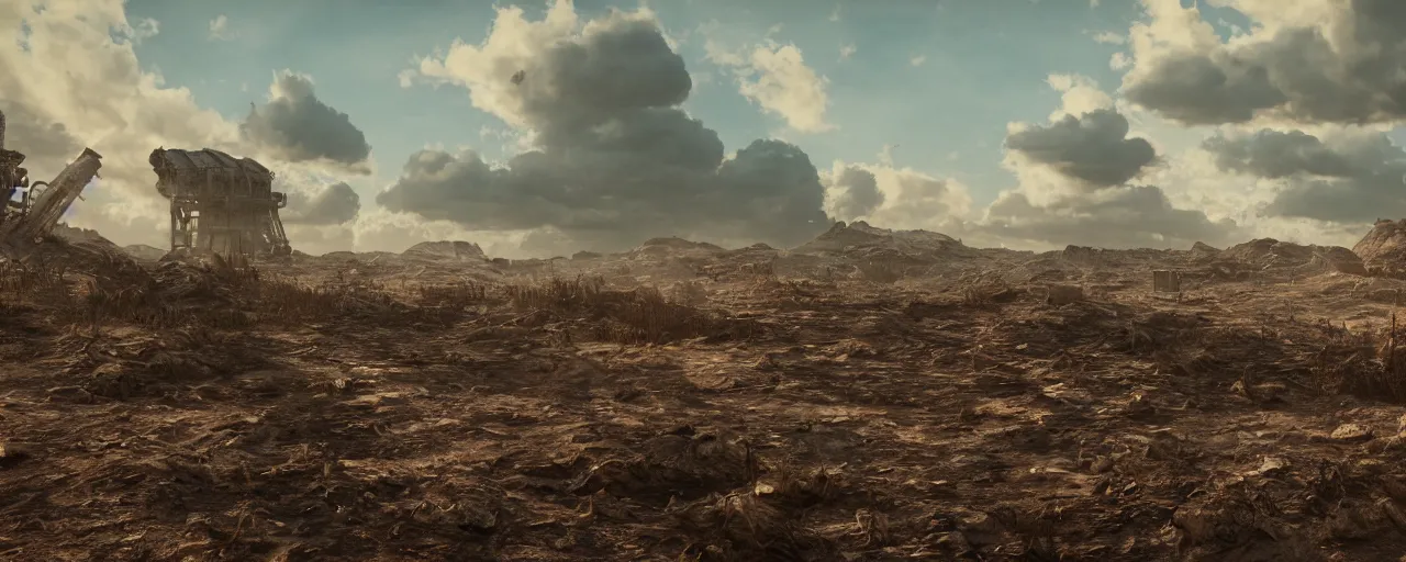 Image similar to Wasteland Landscape Highly detailed, photorealism, HD quality, 8k resolution, cinema 4d, unreal engine 5, octane render, beautiful, cinematic