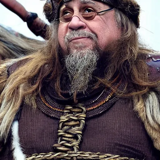 Image similar to Danny DeVito dressed as a viking jarl, standing at the helm of a longship