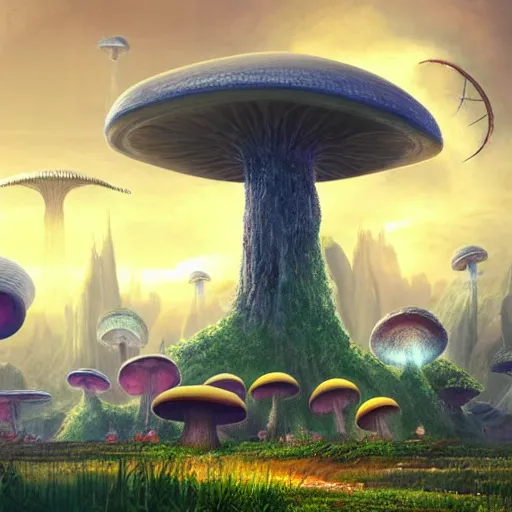 Prompt: an alien landscape with giant mushrooms and plants. Some alien animals are walking around. In the background you can see a futuristic city. Happy, uplifting. Detailed digital matte painting