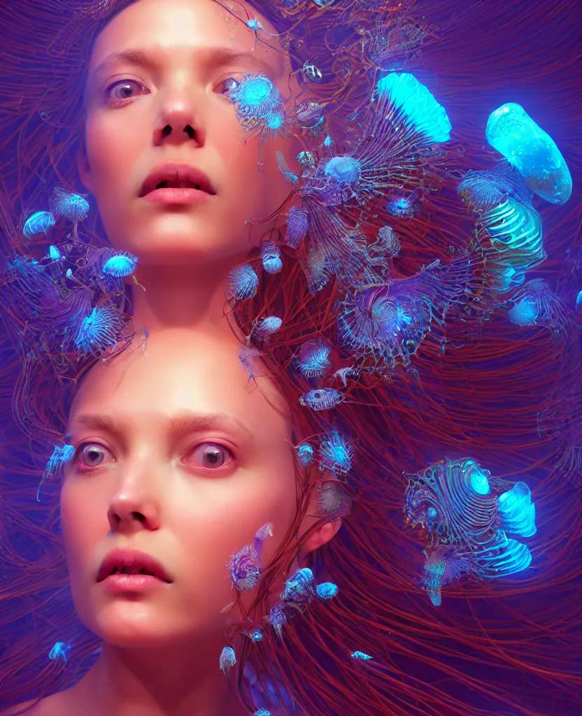 Image similar to goddess close-up portrait. orchid jellyfish phoenix head, nautilus, skull, betta fish, bioluminiscent creatures, intricate artwork by Tooth Wu and wlop and beeple. octane render, trending on artstation, greg rutkowski very coherent symmetrical artwork. cinematic, hyper realism, high detail, octane render, 8k