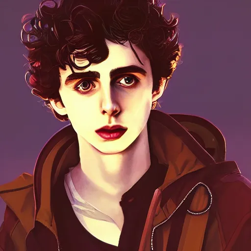 Image similar to portrait of thimotee chalamet as the night crawler, bleak and oppressive atmosphere, distress, mattepainting concept blizzard pixar maya engine on stylized background splash comics global illumination lighting artstation, sharp focus, lois van baarle, ilya kuvshinov, rossdraws