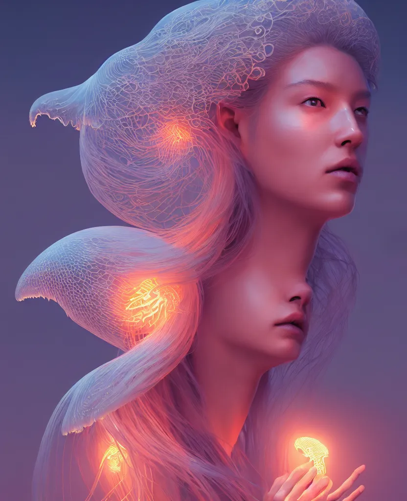 Image similar to goddess portrait. jellyfish phoenix head. intricate artwork by Tooth Wu and wlop and beeple. octane render, trending on artstation, greg rutkowski very coherent symmetrical artwork. cinematic, hyper realism, high detail, octane render, 8k