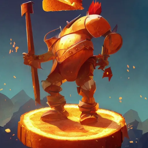 Image similar to battle toast, a slice of toasted bread with a face, arms and legs, holding a sword and shield, volumetric lighting, dynamic composition, fantasy, hyper detailed, ultra realistic, sharp focus, octane render, concept art by sachin teng and sergey kolesov and ruan jia and heng z