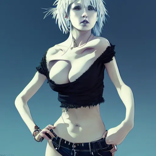 Image similar to torso shot of a beautiful punkrock woman in crop top, art by saruei and guweiz and ilya kuvshinov, digital art, highly detailed, intricate, sharp focus, trending on artstation hq, deviantart, pinterest, unreal engine 5, 4 k uhd image