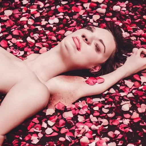 Image similar to woman laying in a pool of rose petals, movie poster, realistic, soft lighting, professional, full body, view from top