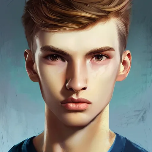 Image similar to colorful Captivating teenage boy with brown blond short quiff hair and thin slightly round facial structure with cleft chin, scruffy beard,bumpy nose, good definition of cheekbones, Alert brown eyes, narrow face, slim body, atmospheric lighting, painted, intricate, 4k, highly detailed by Charlie Bowater