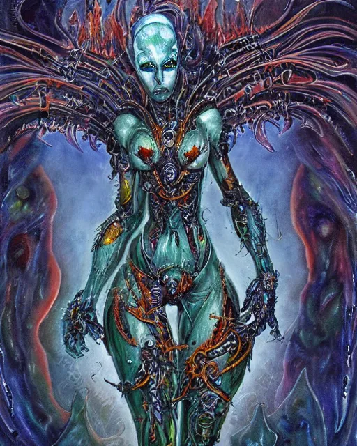 Image similar to silver mechanical charred bloody fleshmetal cyborg daemonhost woman psychedelic flamer of tzeentch with weaponized extra arms, blue and green rainbow fire, by antonio j. manzanedo, alex grey, android jones, wayne barlowe, philippe druillet, josephine wall, harumi hironaka, cronenburg, trending on artstation