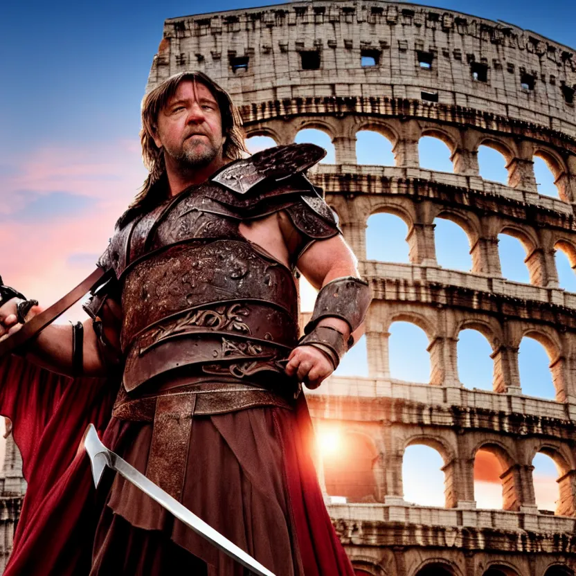 Image similar to russell crowe as a gladiator holding a sword, colosseum, sunset, cinematic lighting, volumetric lighting, award winning photography, highly detailed, intricate, sharp focus, 4 k wallpaper, unreal engine, 9 0 mm, f / 1. 4