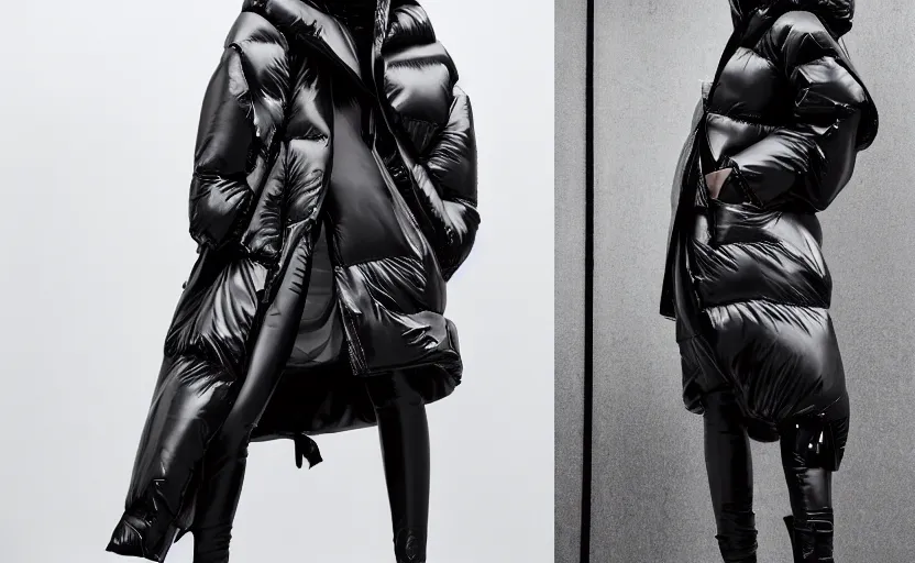 Image similar to well lit fashion photo of extremely beautiful female marble statue wearing huge over size asymmetrical puffer jacket with complex asymmetrical holes and openings, a deconstructed puffer jacket, futuristic outerwear, balenciaga, a cold wall, sharp focus, clear, detailed,, cinematic, romantic, detailed, glamourous, symmetrical, vogue, editorial, fashion, magazine shoot, glossy