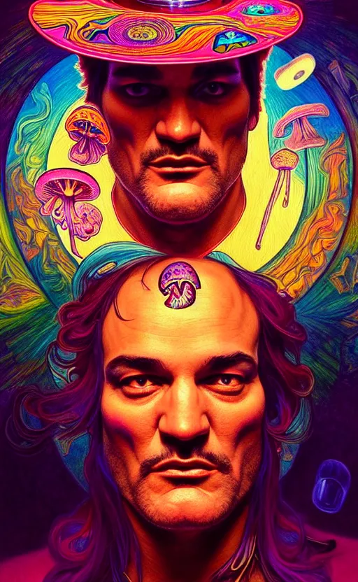 Image similar to An extremely psychedelic celestial quentin tarantino in his black fedora hat, colorful, surreal, dramatic lighting, magic mushrooms, psilocybin, LSD, face, detailed, intricate, elegant, highly detailed, digital painting, artstation, concept art, smooth, sharp focus, illustration, art by Krenz Cushart and Artem Demura and alphonse mucha