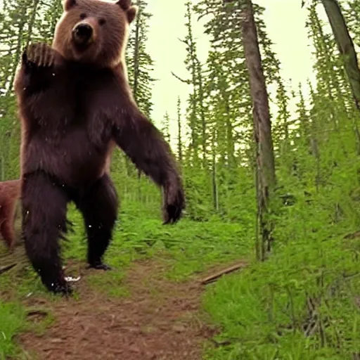 Prompt: Trail camera footage of a Slender man creature fighting a bear, the bear is losing