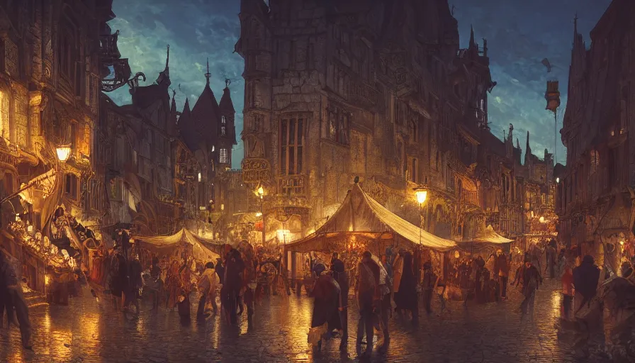 Image similar to medieval city festival near lake at night, beautiful lit lamps, 8 k highly detailed art, intricate, stanley lau, artgerm, artstation, smooth, far shot, wlop, alphonse mucha, cinematic shot, cinematic lighting