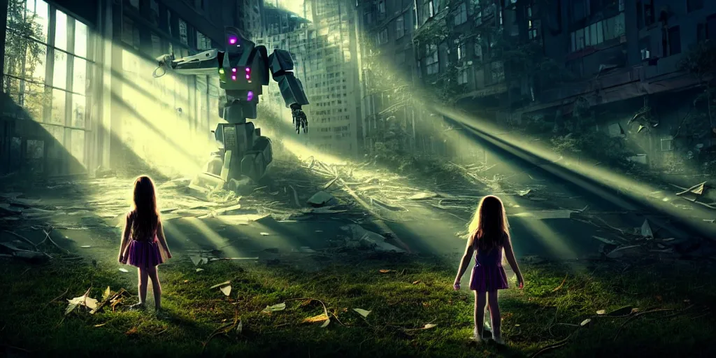 Image similar to sci - fi scene future new york city, little girl by herself in abandoned manhattan holding onto the outstretched hand of a giant robot, forest punk, little girl meets robot, crepuscular rays, epic scene, hyper realistic, photo realistic, overgrowth, cinematic atmosphere, ethereal lighting,