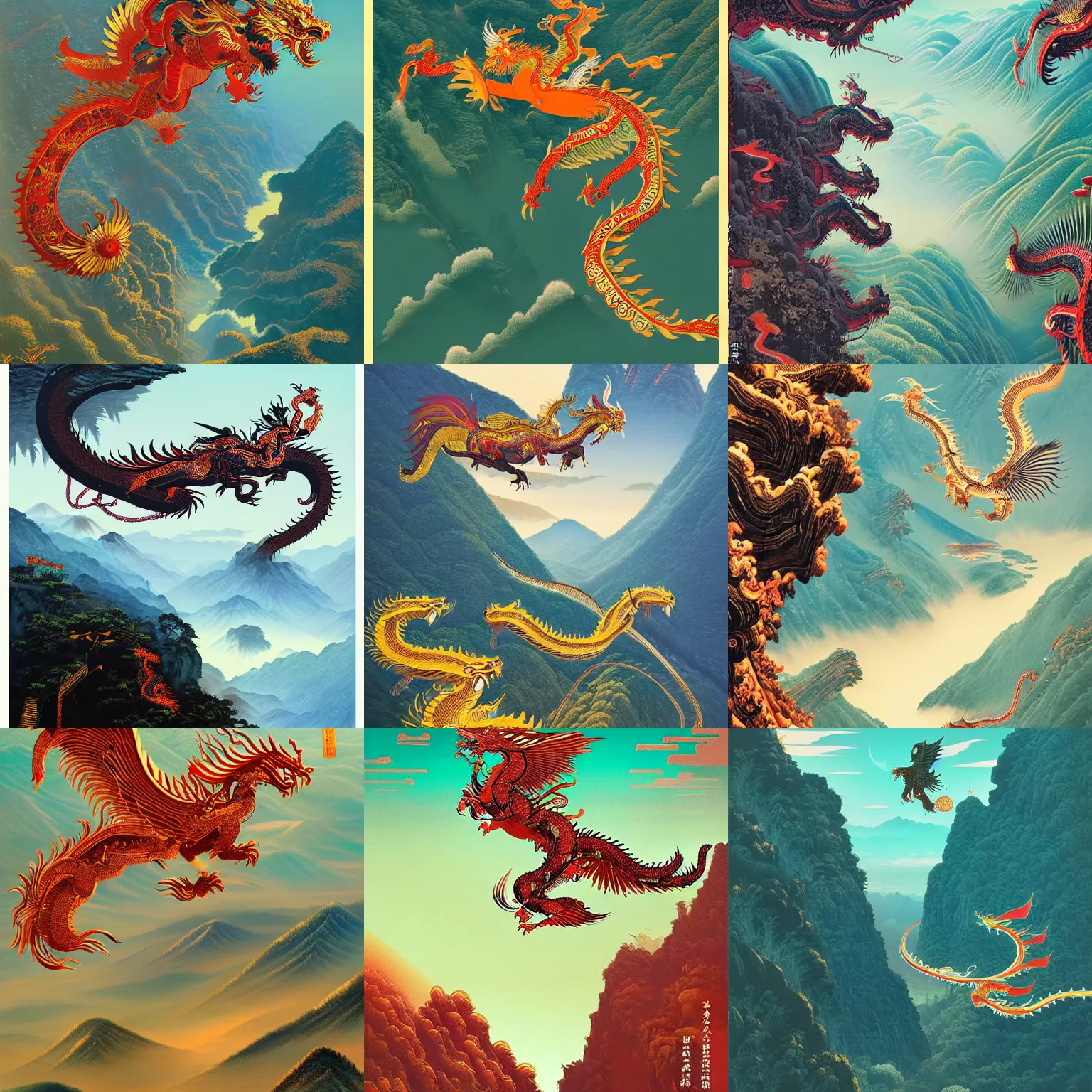 Prompt: Stunning sacred chinese dragon flying over a valley, by Victo Ngai and James Gilleard and Bruce Pennington
