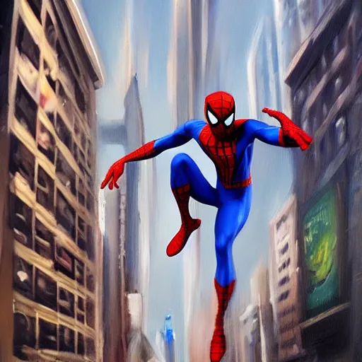 Image similar to oil painting of spiderman swinging through new york city buildings. far away, from behind, epic, sense of motion, motion blur, artstation, artgerm
