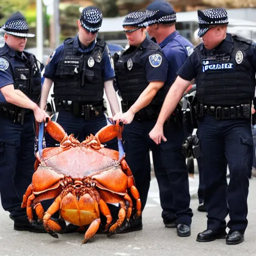 Prompt: police handcuffing a very enormous giant crab