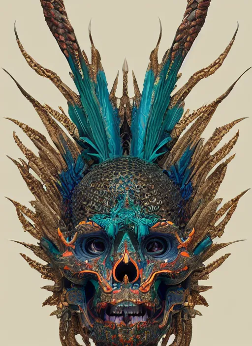 Image similar to a wlop 3 d portrait of a goddess, 8 k micro details beautiful intricate highly detailed quetzalcoatl skull and feathers. fire, galaxy, artwork by tooth wu and wlop and beeple and greg rutkowski, trending on artstation,