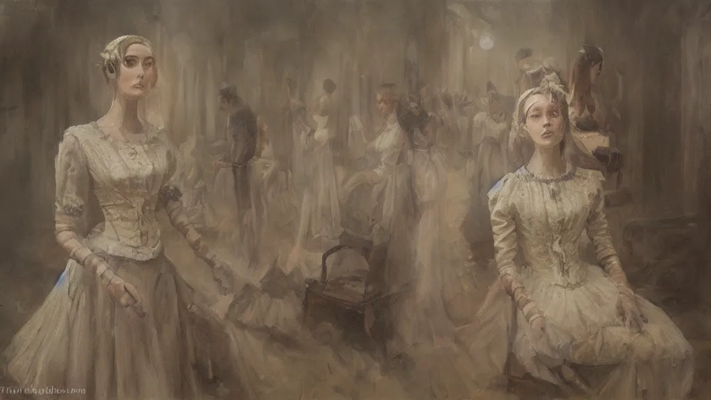 Prompt: thousands of clones of a Victorian woman, dystopia, fantasy, trending on art station, oil painting, concept art