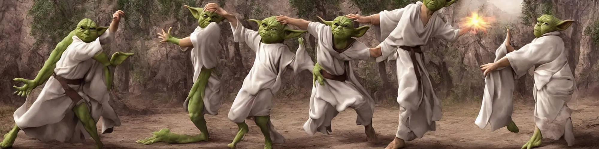 Prompt: epic slap battle between Jesus and Yoda