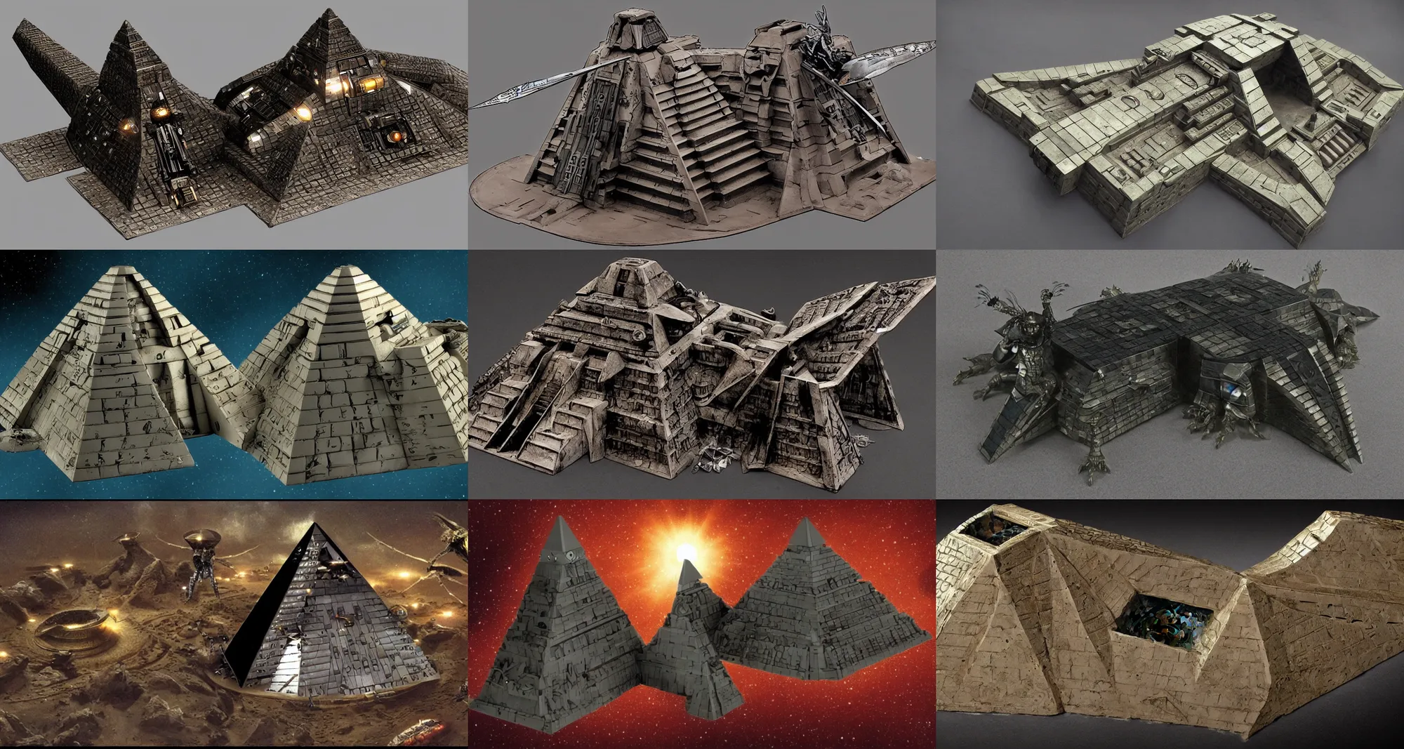 Prompt: a goa'uld pyramidspaceship combined with a babylon 5 battlecrab