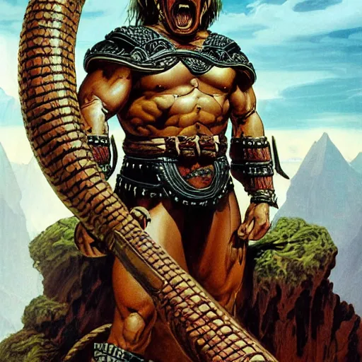 Image similar to serpent - man warlord wearing bronze age plate armor, horrific background symmetrical, zoom out, high quality, high definition, 8 k, photograph photorealistic by frank frazetta