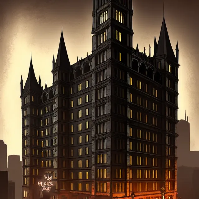 Image similar to epic professional digital art of a haunted 10 story neo-gothic hotel in downtown 1920s Boston overlooking a dark street, best on artstation, cgsociety, wlop, Behance, pixiv, astonishing, impressive, cosmic, outstanding epic, stunning, gorgeous, much detail, much wow, masterpiece.