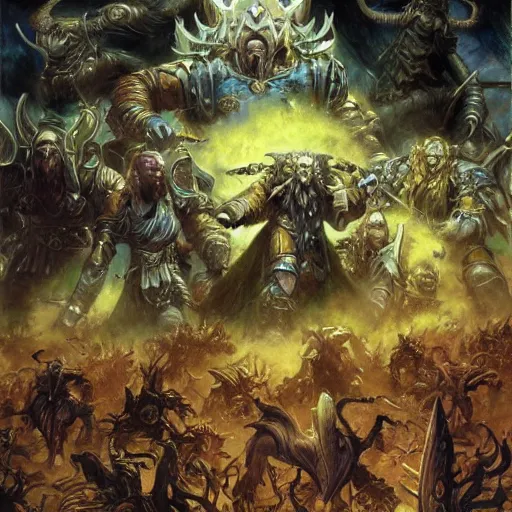 Image similar to art by donato giancola and bayard wu and gustav moreau and wayne barlowe, a fantasy cinematic shot of a dwarf berserker, fighting, warhammer, dnd, fighting monsters,