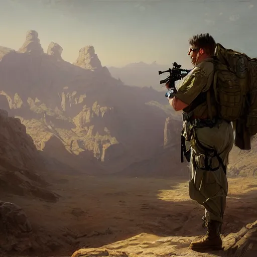 Prompt: desertpunk realism portrait Corporal Marshall stands in full military regalia whilst wearing a tactical backpack anna podedworna arkhip kuindzhi raphael lacoste guillem h. pongiluppi