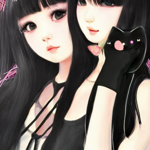 Image similar to realistic beautiful gorgeous natural cute Blackpink Lalisa Manoban black hair cute fur black cat ears, wearing white camisole, headphones, black leather choker artwork drawn full HD 4K highest quality in artstyle by professional artists WLOP, Taejune Kim, Guweiz on Pixiv Artstation