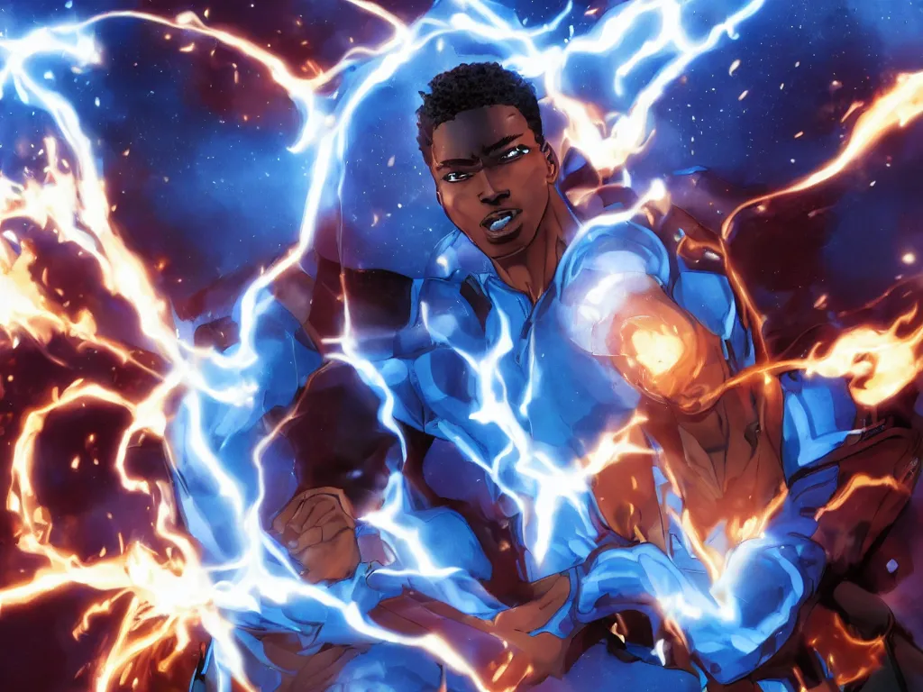 Prompt: a movie scene of a handsome African American Johnny Storm young male superhero of the fantastic four with flaming brown dreadlocks hair, blue uniform with the number 4 on the chest in a round logo, full body, photorealistic, cinematic, high detail, no imperfections, extremely symmetric facial features, hyper realistic, dramatic lighting, unreal engine, octane render, 8k by Kevin Feige