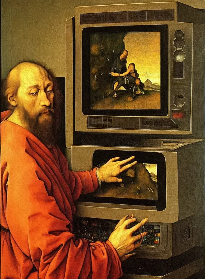 Prompt: Portrait of a man playing ATARI game on a CRT television. Painting by Albrecht Dürer. Intricate details. hyper realism. Masterpiece.