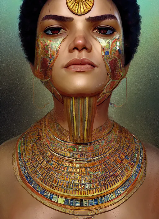 Prompt: the personification of the country egypt, au naturel, hyper detailed, digital art, trending in artstation, cinematic lighting, studio quality, smooth render, fluorescent skin, unreal engine 5 rendered, octane rendered, art style by klimt and nixeu and ian sprigger and wlop and krenz cushart