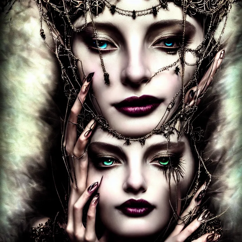 Image similar to mindblowing portrait of the enchantress queen, a stunning timeless beauty, breathtaking eyes, perfect skin, feathered eyelashes, royal gothic dress with a lot of leather, heavy silent hill aesthetic, incredibly intricate, digital art, blender, houdini & photoshop, very elegant & complex, hyper-maximalist, overdetailed, epic cinematic quality, biblical art lighting, photorealistic, lifelike, OLED, DSLR HDR 8k, face is the focus, facial feature symmetry, hyper composed, created by Nixeu & z--ed from deviantart