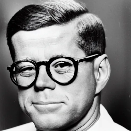 Prompt: A colorful studio portrait of JFK wearing glasses as a librarian; f/1.4, 90mm, extraodinary masterpiece!!!!!!