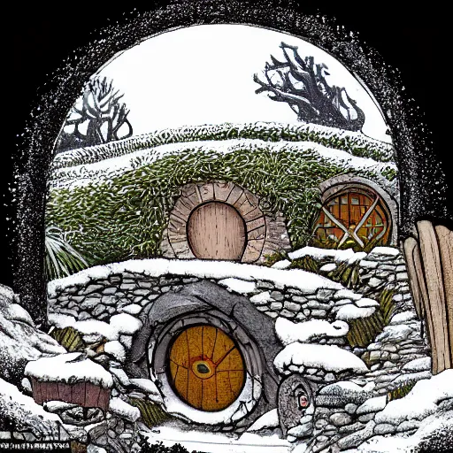 Image similar to a detailed illustration of hobbiton in winter, from the lord of the rings, round doors, hobbit burrows, a fat happy hobbit smoking a pipe