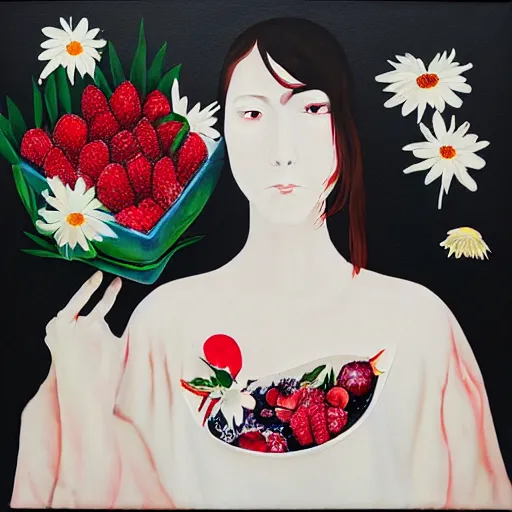 Image similar to “art in an Australian artist’s apartment, portrait of a depressed woman wearing white silk cloth stained by fresh raspberries and strawberries and blueberries, white wax, edible flowers, Japanese pottery, Australian native flannel flowers ikebana, black walls, acrylic and spray paint and oilstick on canvas”