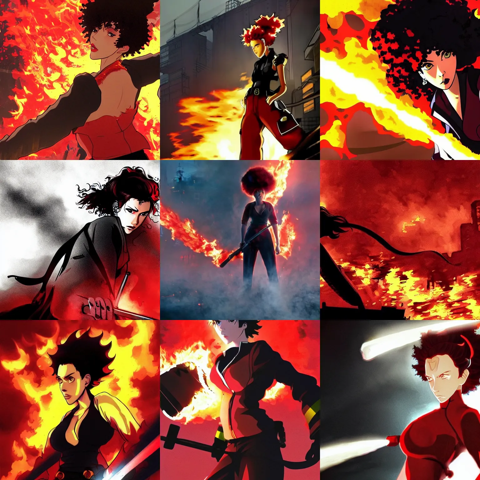 Prompt: a frantic looking scarlett johansson as a firefighter, surrounded by a burning city, afro samurai anime style, dramatic lighting,