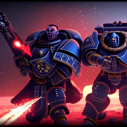 Image similar to Astartes Space Marines fight against space orcs in an epic battle, Cinematic style 4K