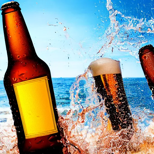 Image similar to a photo of a bottle of beer, product photo, splashes of liquid, beach background with young people having fun, energetic, delicate by marcel christ