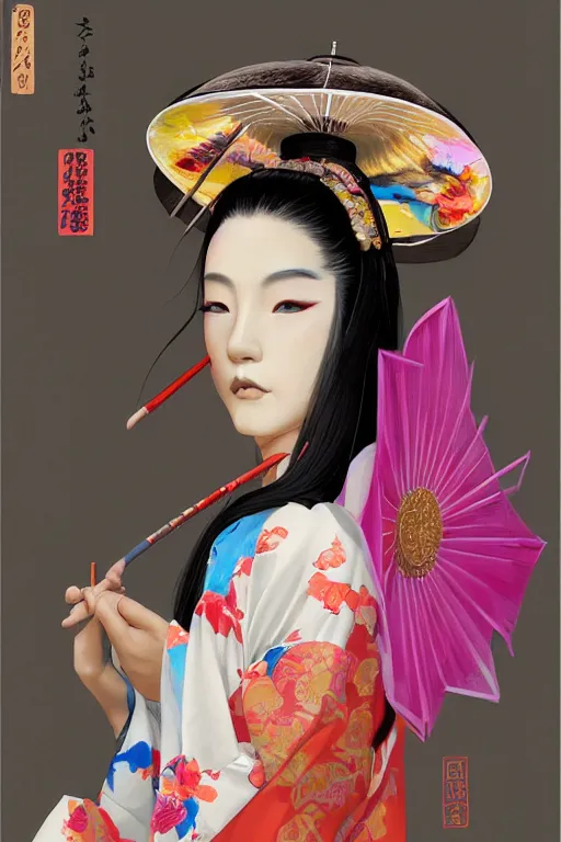 Image similar to a professional painting of a beautiful Japanese Geisha girl, in brightly colored kimono, long dark hair, beautiful bone structure, symmetrical facial features, intricate, elegant, digital painting, concept art, smooth, sharp focus, illustration, from StarCraft by Ruan Jia and Mandy Jurgens and Artgerm and William-Adolphe Bouguerea