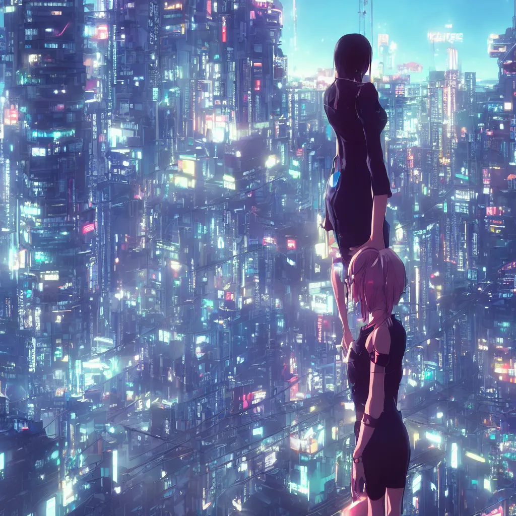 Image similar to a girl stands on top of a multi-storey building, anime style, 4k, cyberpunk city in the background, very detailed, by Ilya Kuvshinov