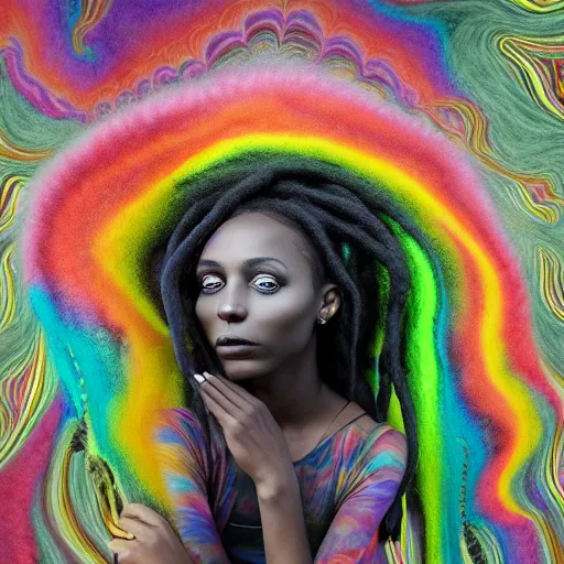 Prompt: a black girl with colorful dreadlocks in a field of candy, by Adi granov and afarin sajedi and amanda sage and evgeni gordiets and Agostino Arrivabene and adonna khare in a psychedelic portrait style, ultrarealistic matte painting, volumetric lighting, fractal, extremely symmetrical, highly detailed face, orisha, 8k, hd