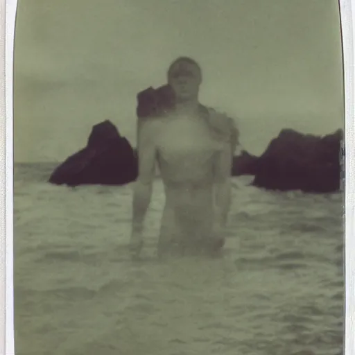 Prompt: Servant of Cthulhu on a sea shore, photography, polaroid