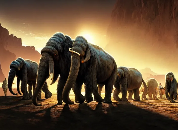 Image similar to the big large expedition with a crowd of adventurers being brought by gigantic transport mammoths carrying stuff towards the desert of duhnes medium shot, key art by craig mullins, bloom, dramatic lighting, cinematic, high details