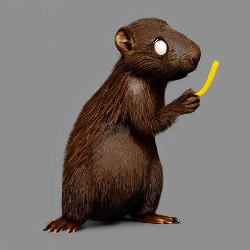 Image similar to cute anthro brown marmot in a black tuxedo while holding a yellow pencil in the left hand, pixar character, digital art, 3 d rendered in octane, blender, maya, shadows, lighting