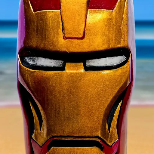 Image similar to a closeup photorealistic photograph of an iron man style tiki mug at a trader vic's beach bar featuring the face of iron man. tiki party. bright scene. fine detail. this 4 k hd image is trending on artstation, featured on behance, well - rendered, extra crisp, features intricate detail, epic composition and the style of unreal engine.