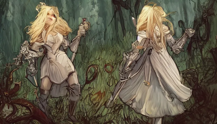 Image similar to Alice in wonderland in the aesthetic of Elden ring, blond Alice in armor,