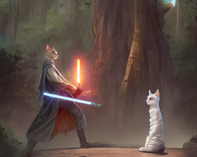 Prompt: Jedi cat order, anime, a fantasy digital painting by Greg Rutkowski and James Gurney, trending on Artstation, highly detailed