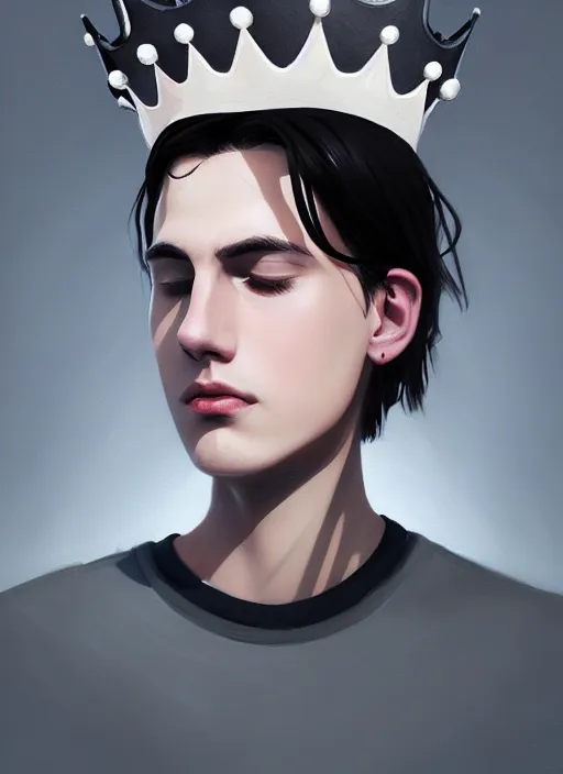 Image similar to portrait of teenage jughead jones wearing a light grey crown, photorealistic, crown, eyes closed, crown, black hair, intricate, elegant, glowing lights, highly detailed, digital painting, artstation, concept art, smooth, sharp focus, illustration, art by wlop, mars ravelo and greg rutkowski